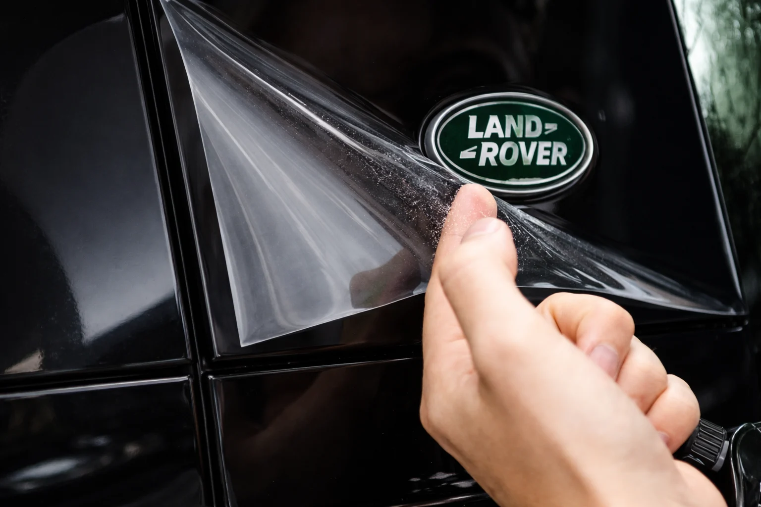 Verarbeitung transparenter Lackschutzfolie am Land-Rover-Emblem